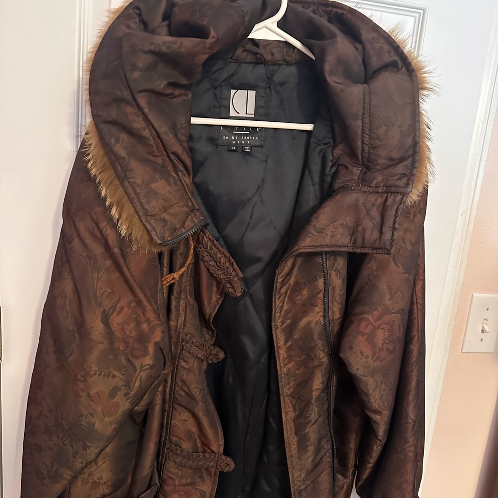 Carole Little Brown Floral Puffer Jacket with Fur Hood